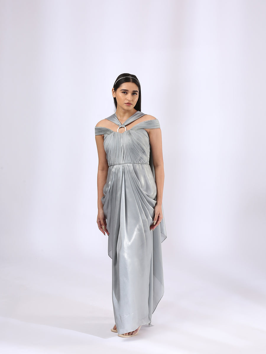 Pinup By Astha Pleated Draped Gown | Blue, Georgette, One Shoulder | Drape  gowns, Gowns, Fashion